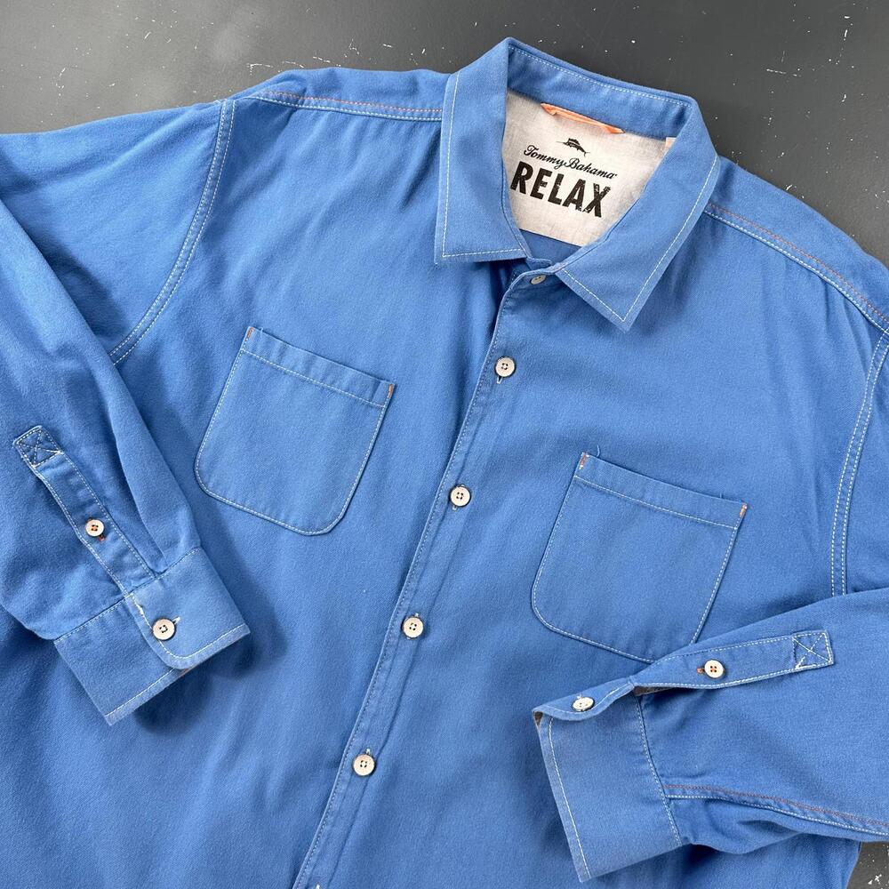 Tommy Bahama Shirt Men 3XL Bright Blue All Cotton Heavy Dress Contrast Stitch